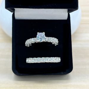 White Stones & Silver Plated Metal Wedding Engagement Ring Set
